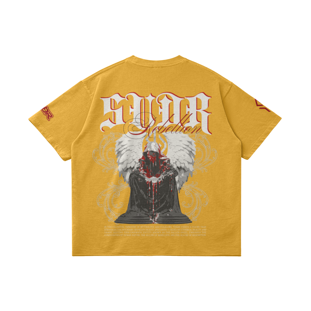 SUÐR REBELLION – Vintage Oversized Tee in Vintage Yellow, Rückseite liegend, SUÐR in Blackletter über dem knienden Engel in Rot