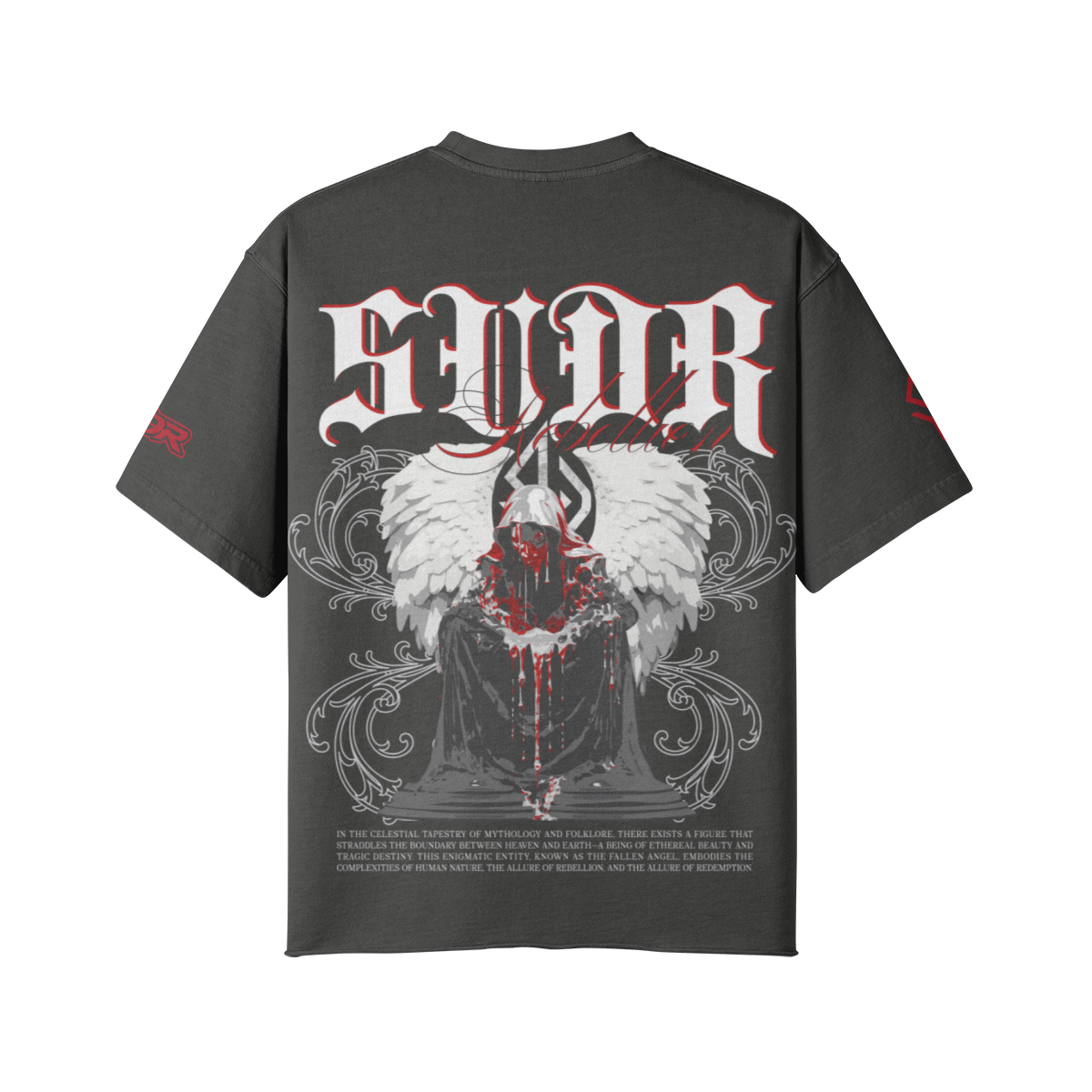 SUÐR REBELLION – Vintage Oversized Tee in Dunkelgrau, Rückseite, SUÐR in Blackletter über dem knienden Engel in Rot