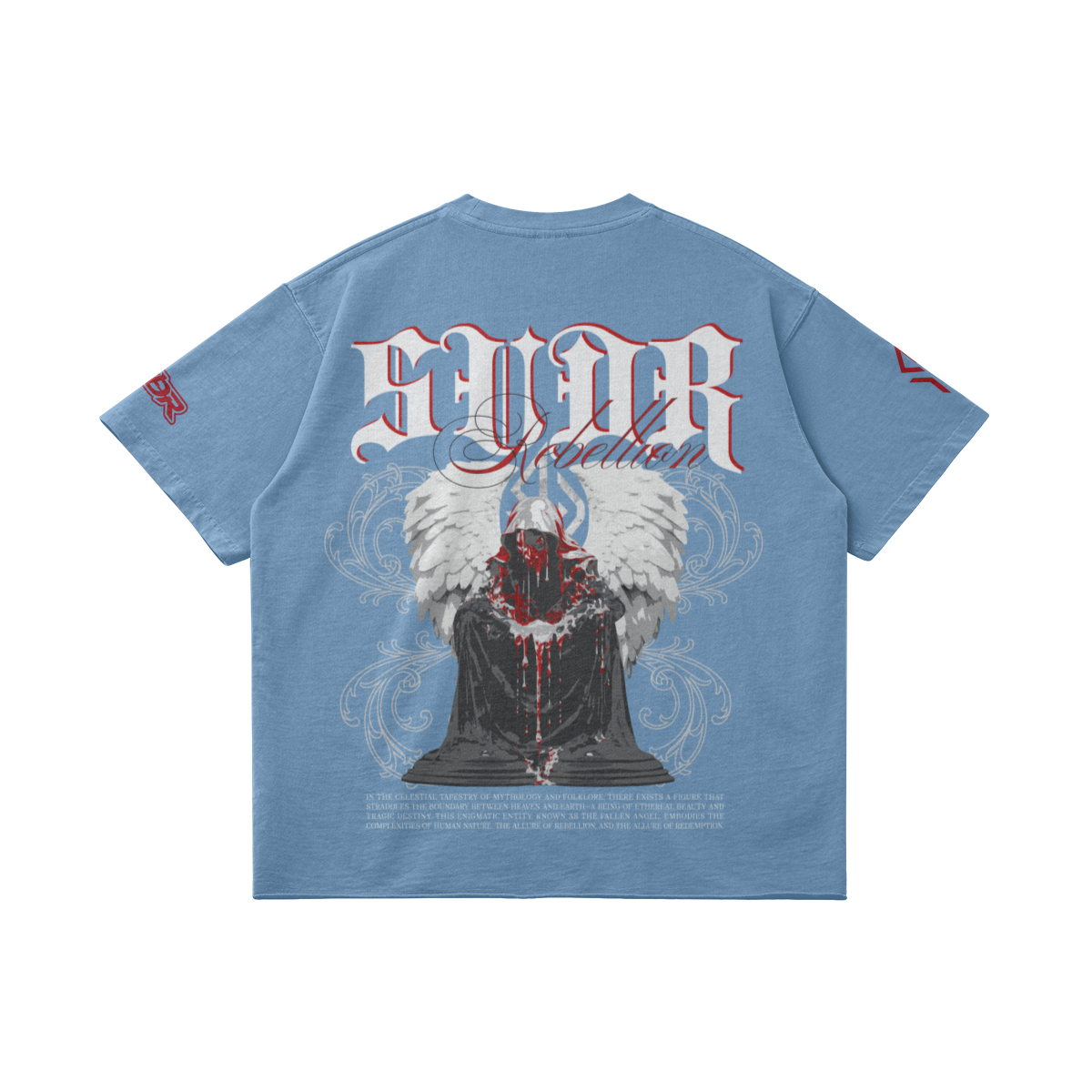 SUÐR REBELLION – Vintage Oversized Tee in Slate Blue, Rückseite liegend, SUÐR in Blackletter über dem knienden Engel in Rot