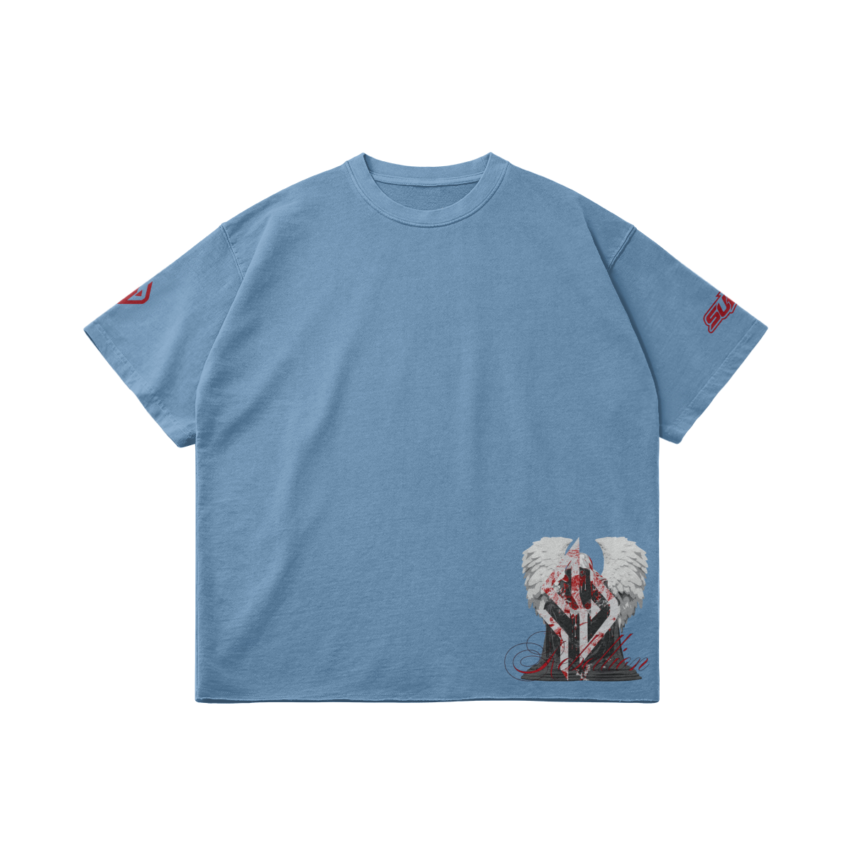 SUÐR REBELLION – Vintage Oversized Tee in Slate Blue, Vorderseite liegend, kleiner Engel am Saum und 07 auf den Ärmeln