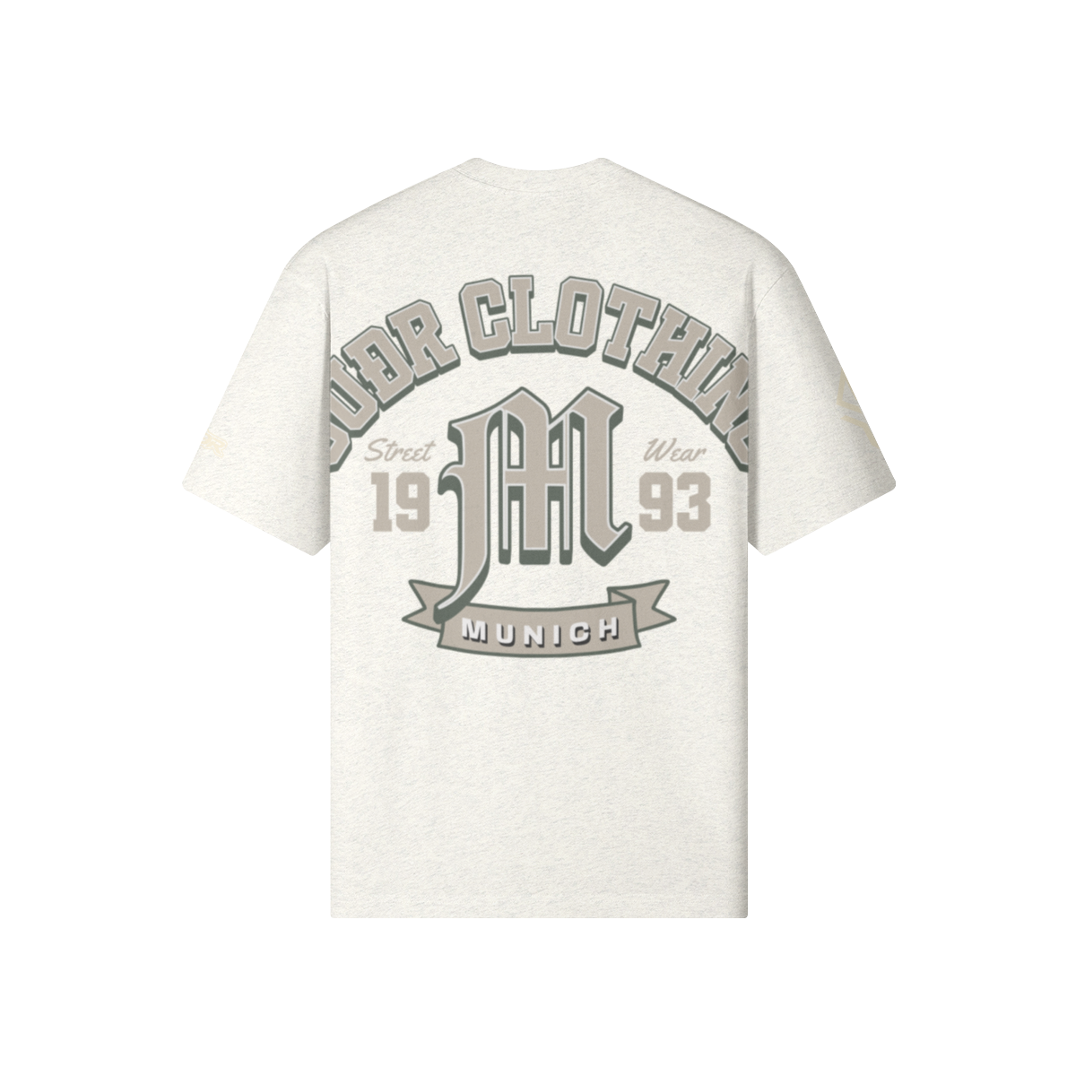 SUÐR M Shirt – Shirt in Light Heather Gray, Rückseite mit SUÐR CLOTHING im Bogen, das M in Blackletter, dazu „Street Wear", „19 93" und das MUNICH-Banner