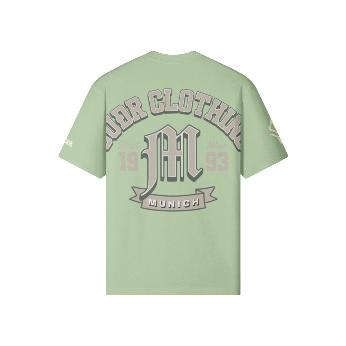 SUÐR M Shirt – Shirt in Light Mint, Rückseite mit SUÐR CLOTHING im Bogen, das M in Blackletter, dazu „Street Wear", „19 93" und das MUNICH-Banner