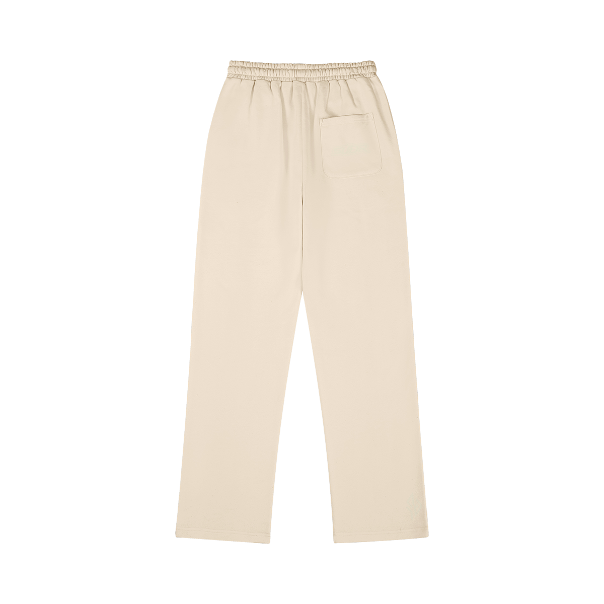 SUÐR M Sweatpants – Sweatpants in Rice Apricot, Rückseite mit SUÐR-Schriftzug auf der Gesäßtasche und Emblem am Saum