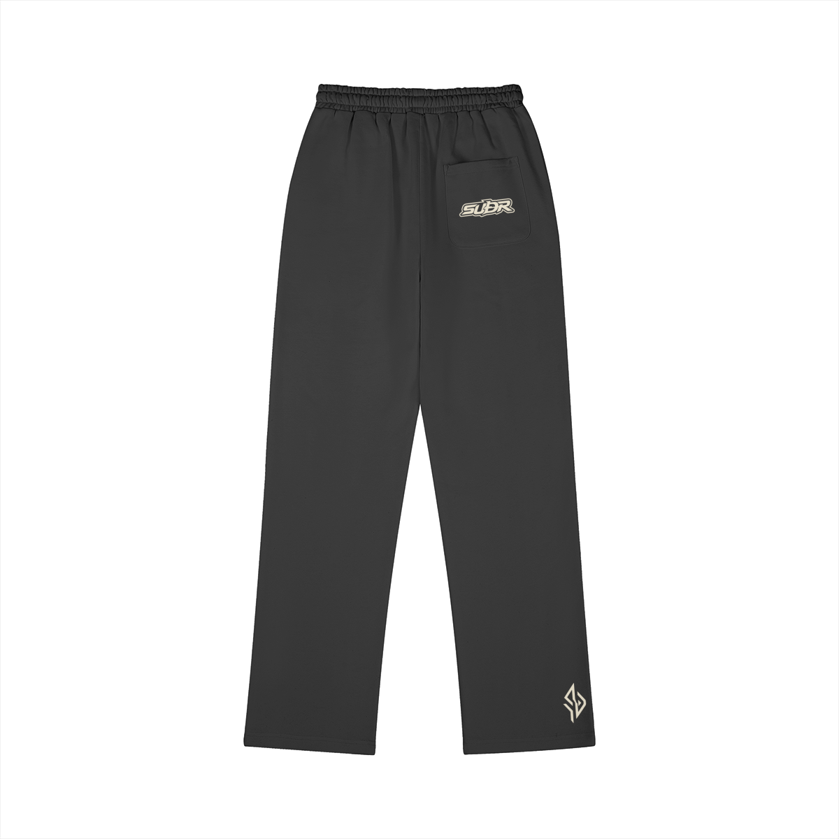 SUÐR M Sweatpants – Sweatpants in Black, Rückseite mit SUÐR-Schriftzug auf der Gesäßtasche und Emblem am Saum