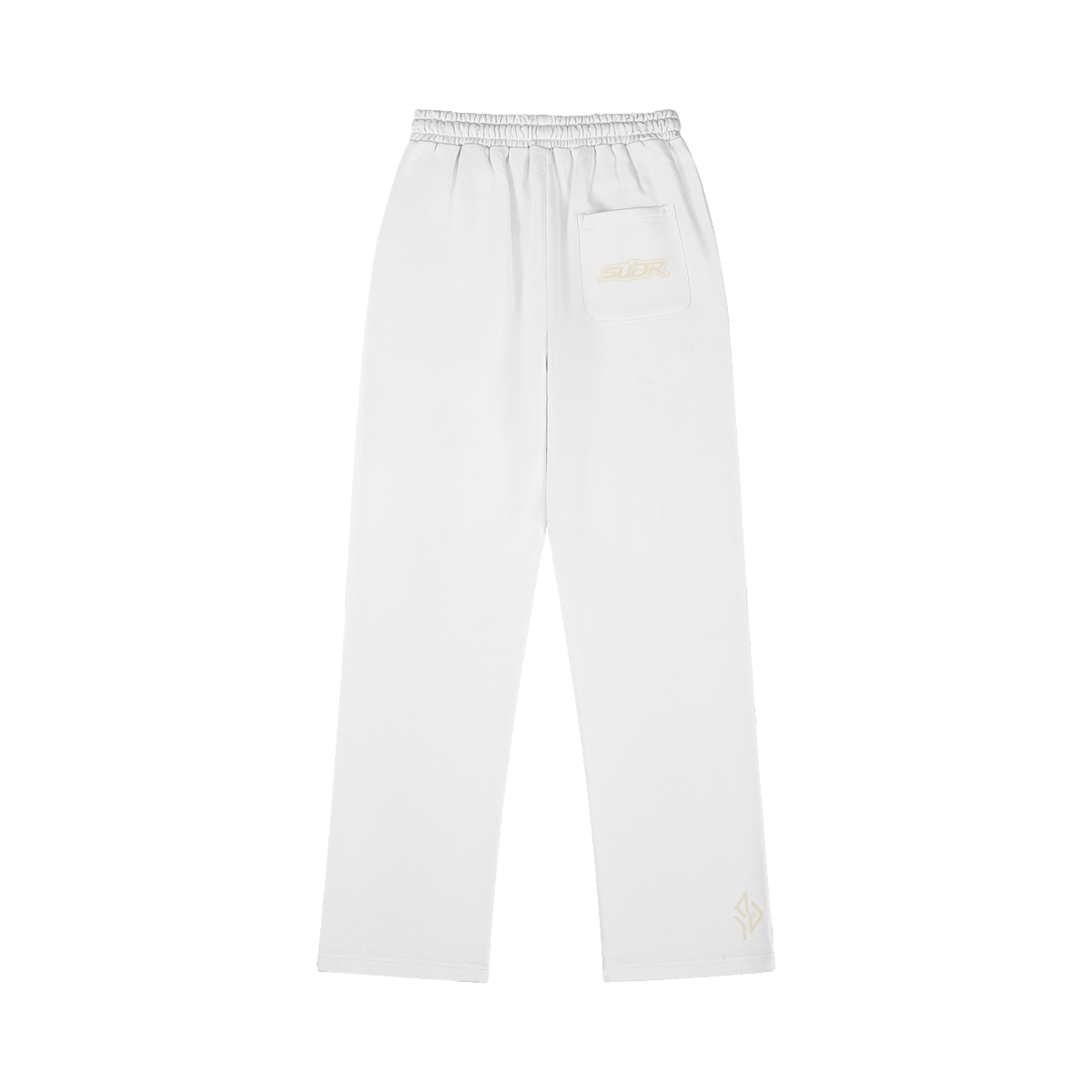 SUÐR M Sweatpants – Sweatpants in White, Rückseite mit SUÐR-Schriftzug auf der Gesäßtasche und Emblem am Saum