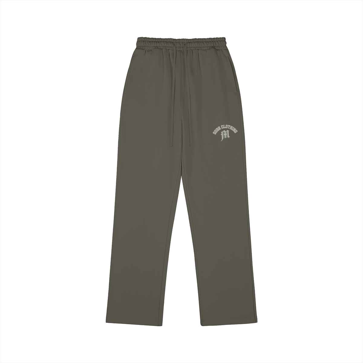 SUÐR M Sweatpants – Sweatpants in Charcoal Gray, Vorderseite mit kleinem SUÐR CLOTHING M-Druck auf dem Oberschenkel