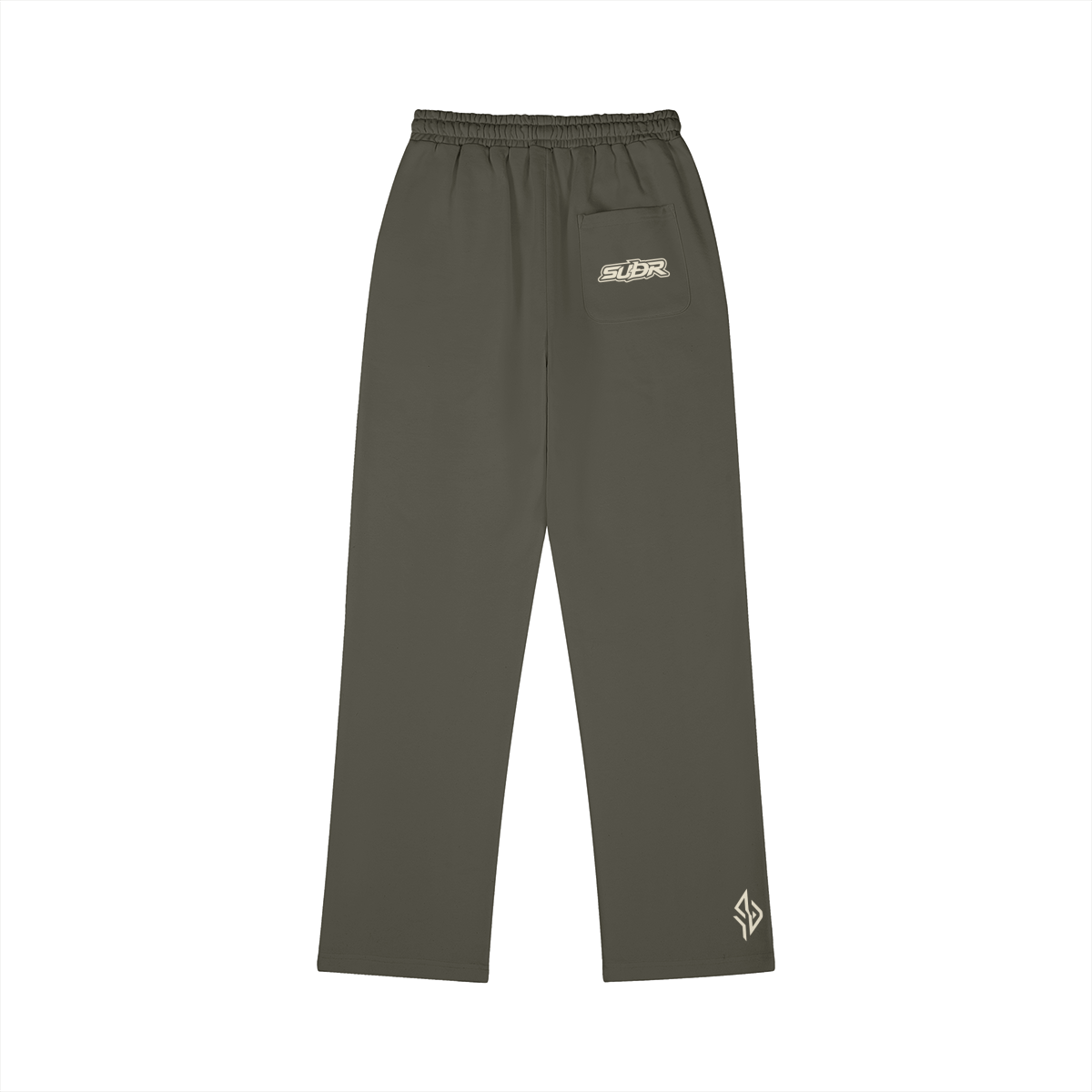 SUÐR M Sweatpants – Sweatpants in Charcoal Gray, Rückseite mit SUÐR-Schriftzug auf der Gesäßtasche und Emblem am Saum