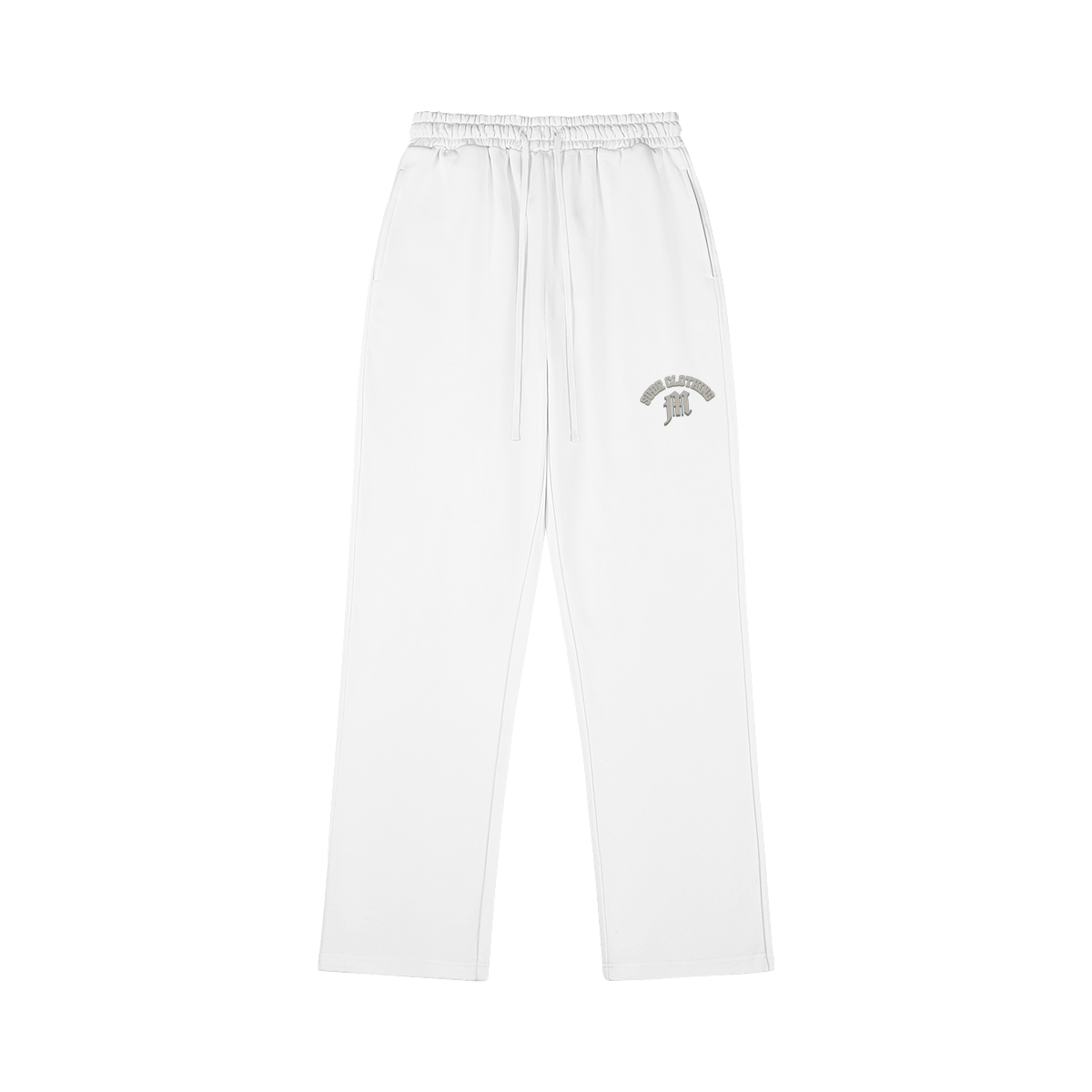 SUÐR M Sweatpants – Sweatpants in White, Vorderseite mit kleinem SUÐR CLOTHING M-Druck auf dem Oberschenkel