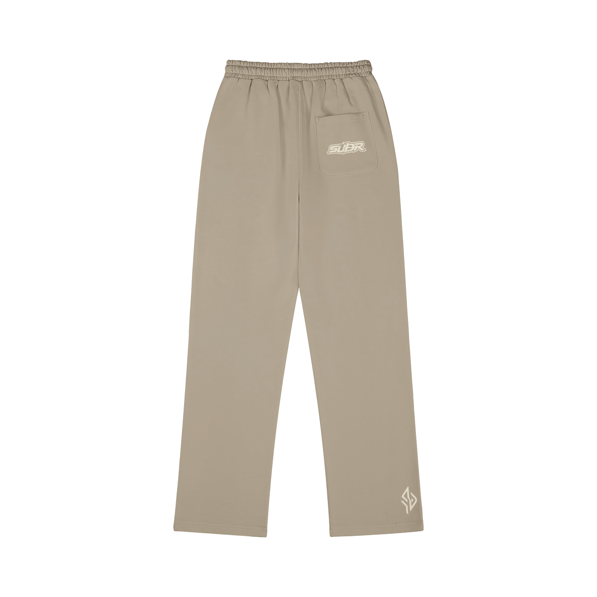 SUÐR M Sweatpants – Sweatpants in Camel, Rückseite mit SUÐR-Schriftzug auf der Gesäßtasche und Emblem am Saum