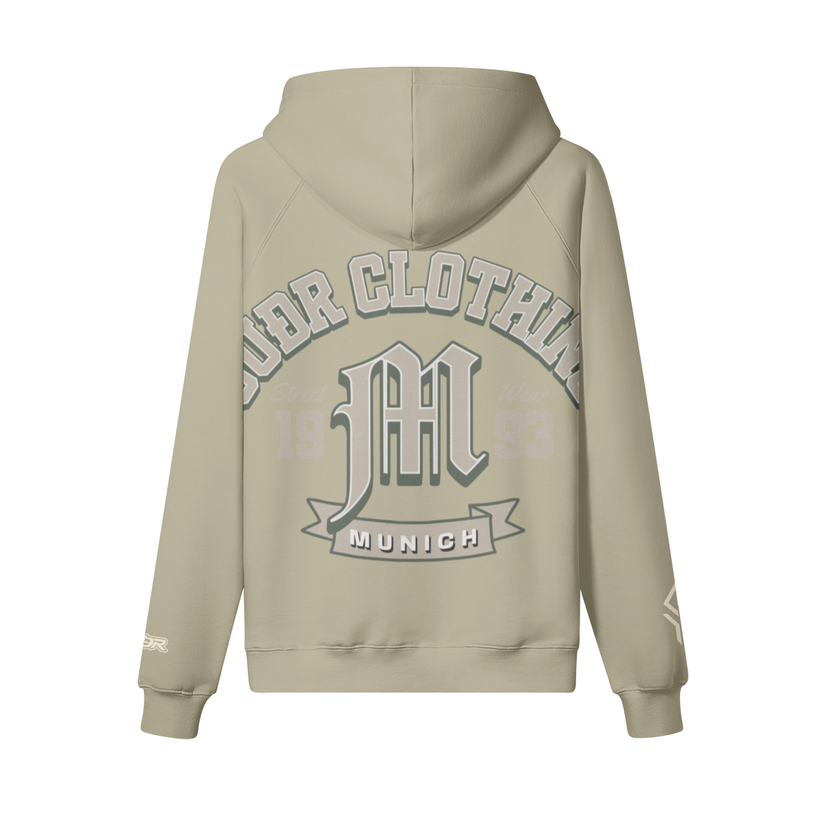 SUÐR M Hoodie – Hoodie in Camel, Rückseite mit SUÐR CLOTHING im Bogen, das M in Blackletter, dazu „Street Wear", „19 93" und das MUNICH-Banner