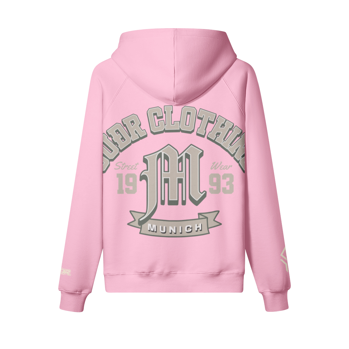 SUÐR M Hoodie – Hoodie in Pink, Rückseite mit SUÐR CLOTHING im Bogen, das M in Blackletter, dazu „Street Wear", „19 93" und das MUNICH-Banner