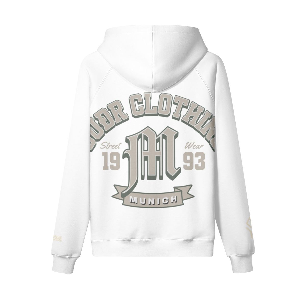 SUÐR M Hoodie – Hoodie in White, Rückseite mit SUÐR CLOTHING im Bogen, das M in Blackletter, dazu „Street Wear", „19 93" und das MUNICH-Banner