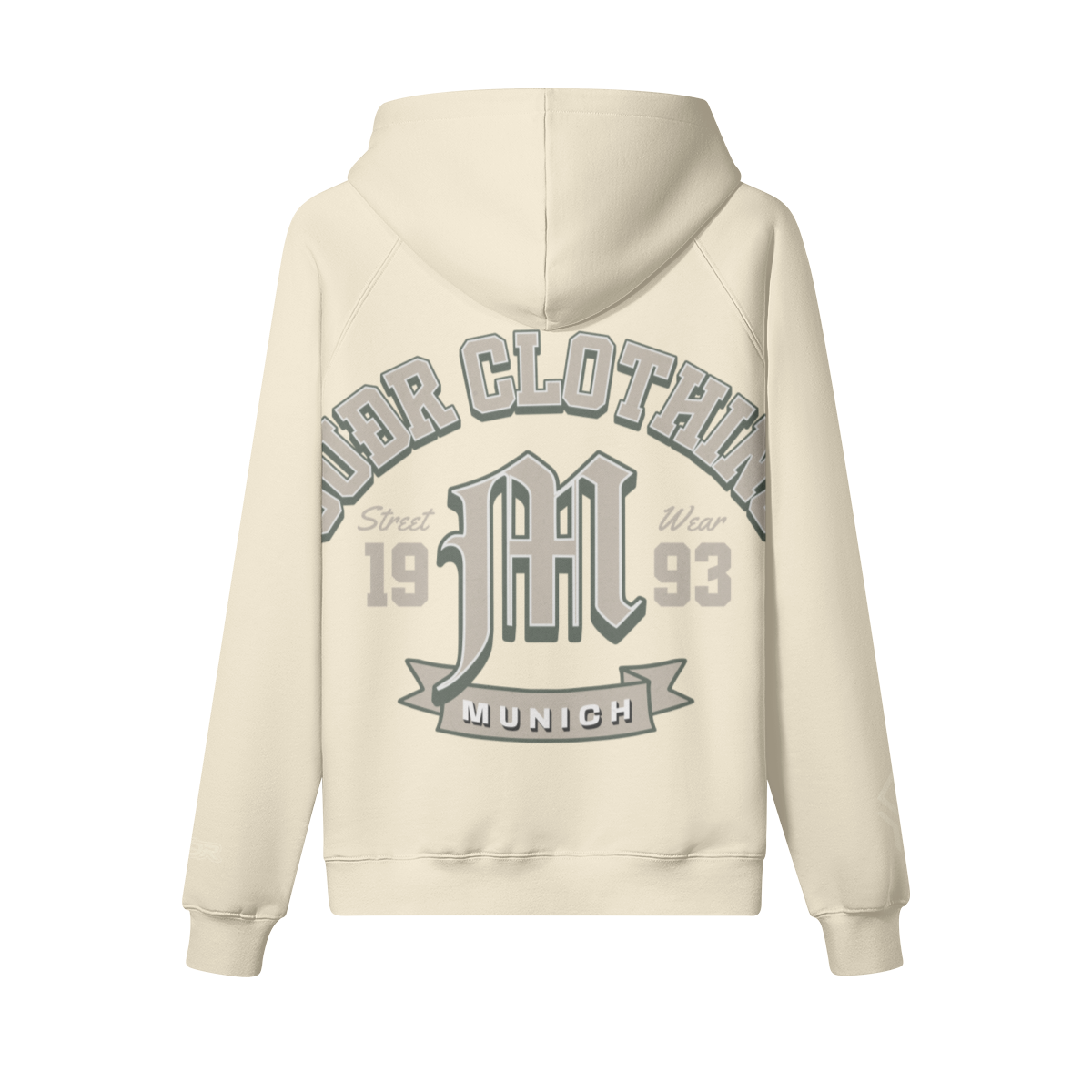 SUÐR M Hoodie – Hoodie in Rice Apricot, Rückseite mit SUÐR CLOTHING im Bogen, das M in Blackletter, dazu „Street Wear", „19 93" und das MUNICH-Banner