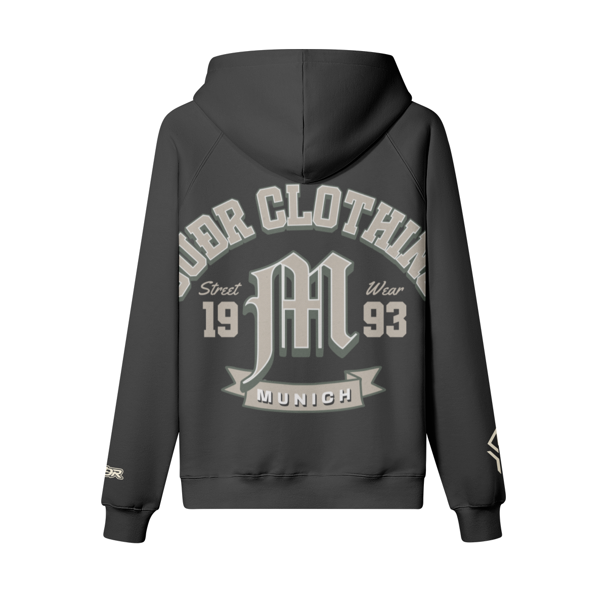 SUÐR M Hoodie – Hoodie in Black, Rückseite mit SUÐR CLOTHING im Bogen, das M in Blackletter, dazu „Street Wear", „19 93" und das MUNICH-Banner