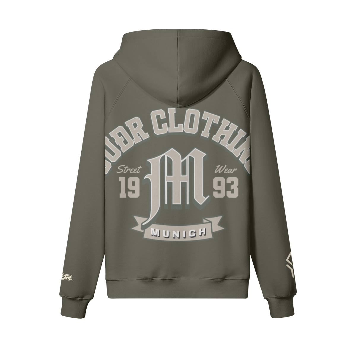 SUÐR M Hoodie – Hoodie in Charcoal Grey, Rückseite mit SUÐR CLOTHING im Bogen, das M in Blackletter, dazu „Street Wear", „19 93" und das MUNICH-Banner