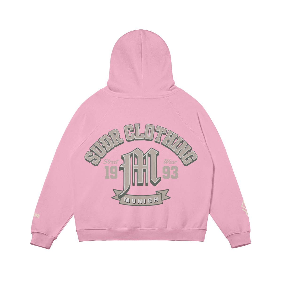 SUÐR M Hoodie – Hoodie in Pink, Rückseite mit SUÐR CLOTHING im Bogen, das M in Blackletter, dazu „Street Wear", „19 93" und das MUNICH-Banner, liegend