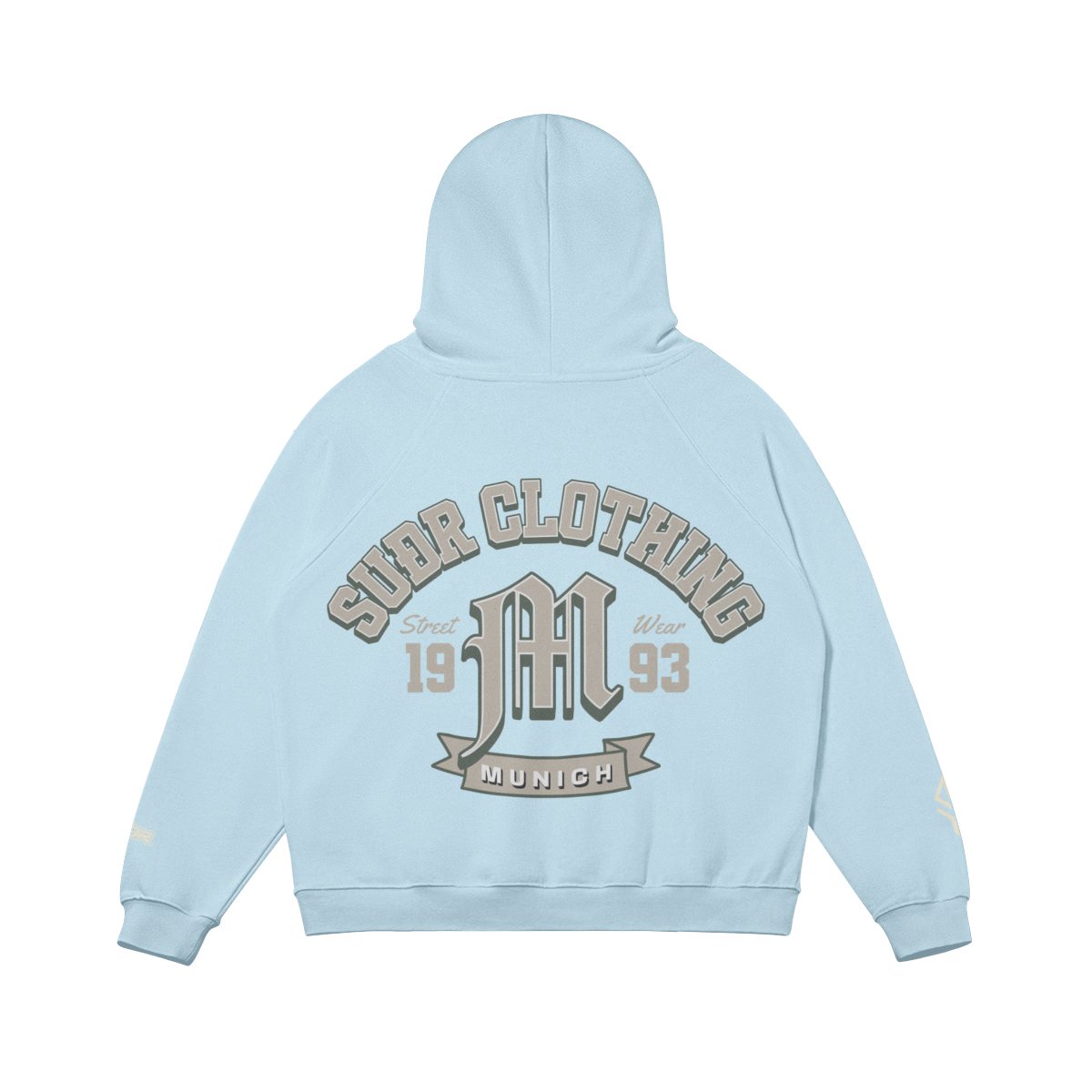 SUÐR M Hoodie – Hoodie in Light blue, Rückseite mit SUÐR CLOTHING im Bogen, das M in Blackletter, dazu „Street Wear", „19 93" und das MUNICH-Banner, liegend