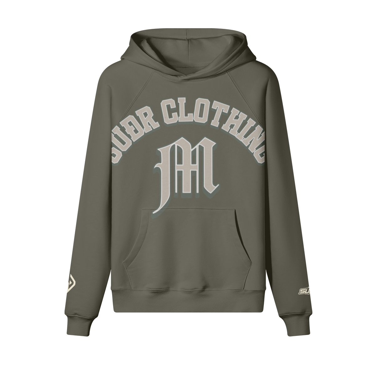 SUÐR M Hoodie – Hoodie in Charcoal Grey, Vorderseite mit SUÐR CLOTHING im Bogen, darunter das M in Blackletter über der Kängurutasche, Emblem und SUÐR-Schriftzug auf den Ärmeln