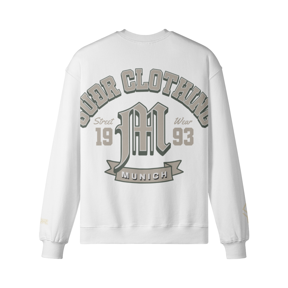 SUÐR M Sweatshirt – Sweatshirt in White, Rückseite mit SUÐR CLOTHING im Bogen, das M in Blackletter, dazu „Street Wear", „19 93" und das MUNICH-Banner