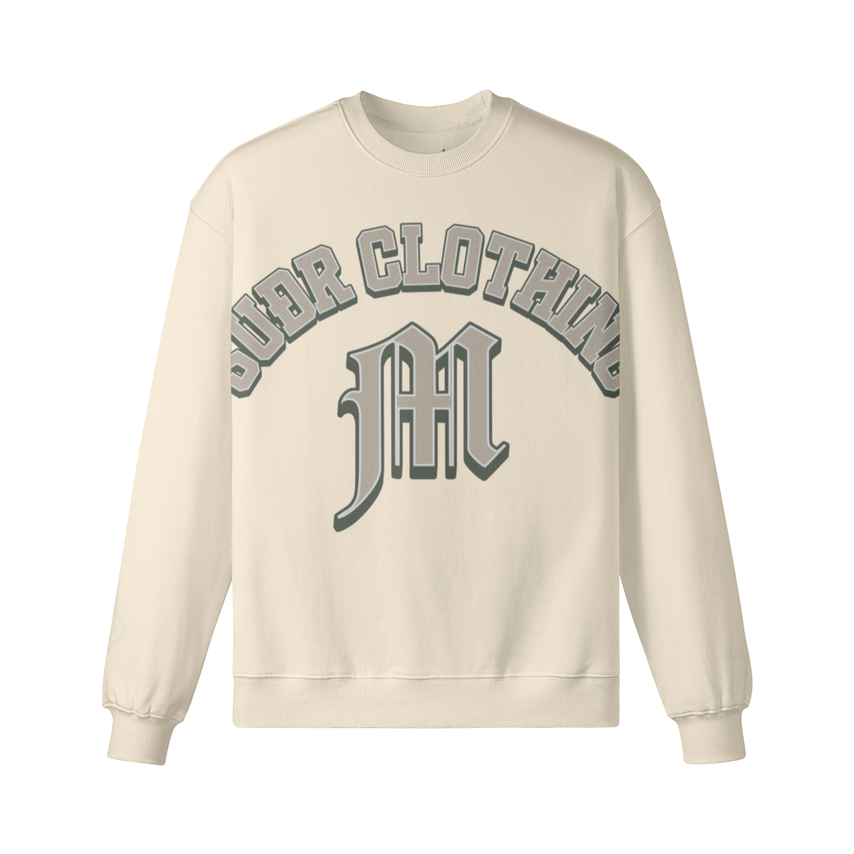 SUÐR M Sweatshirt – Sweatshirt in Apricot, Vorderseite mit SUÐR CLOTHING im Bogen, darunter das M in Blackletter, Emblem und SUÐR-Schriftzug auf den Ärmeln