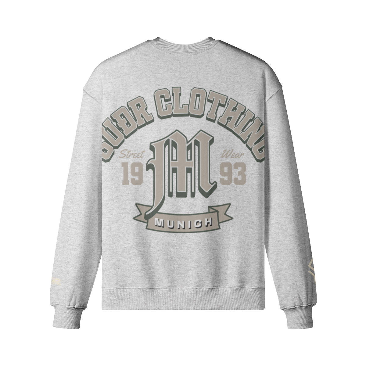 SUÐR M Sweatshirt – Sweatshirt in Heather Gray, Rückseite mit SUÐR CLOTHING im Bogen, das M in Blackletter, dazu „Street Wear", „19 93" und das MUNICH-Banner