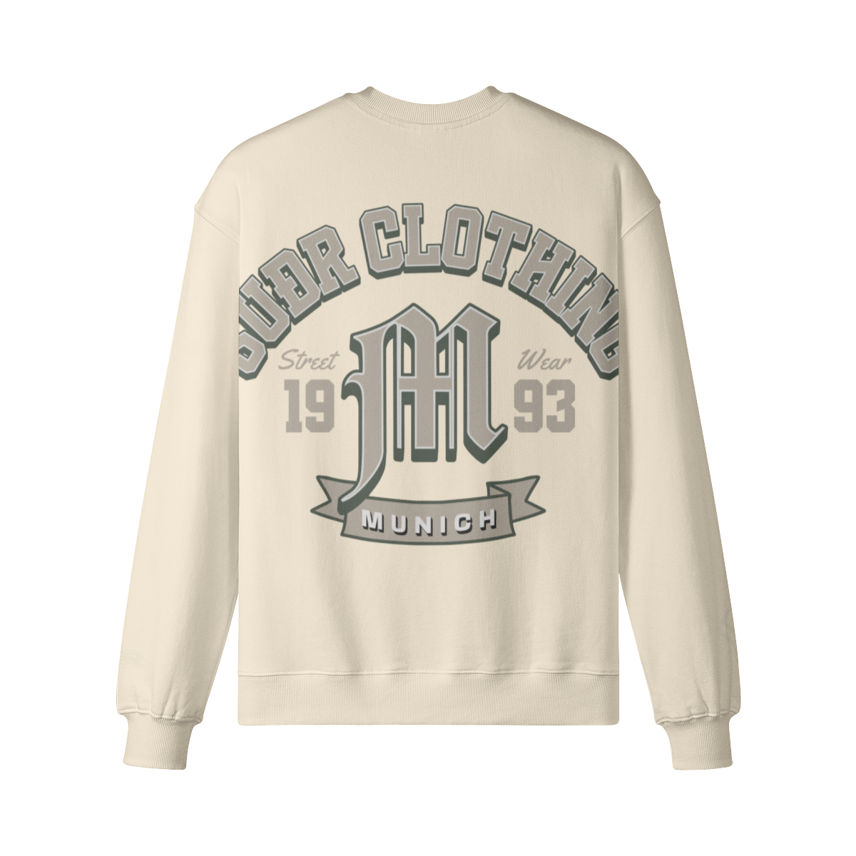 SUÐR M Sweatshirt – Sweatshirt in Apricot, Rückseite mit SUÐR CLOTHING im Bogen, das M in Blackletter, dazu „Street Wear", „19 93" und das MUNICH-Banner