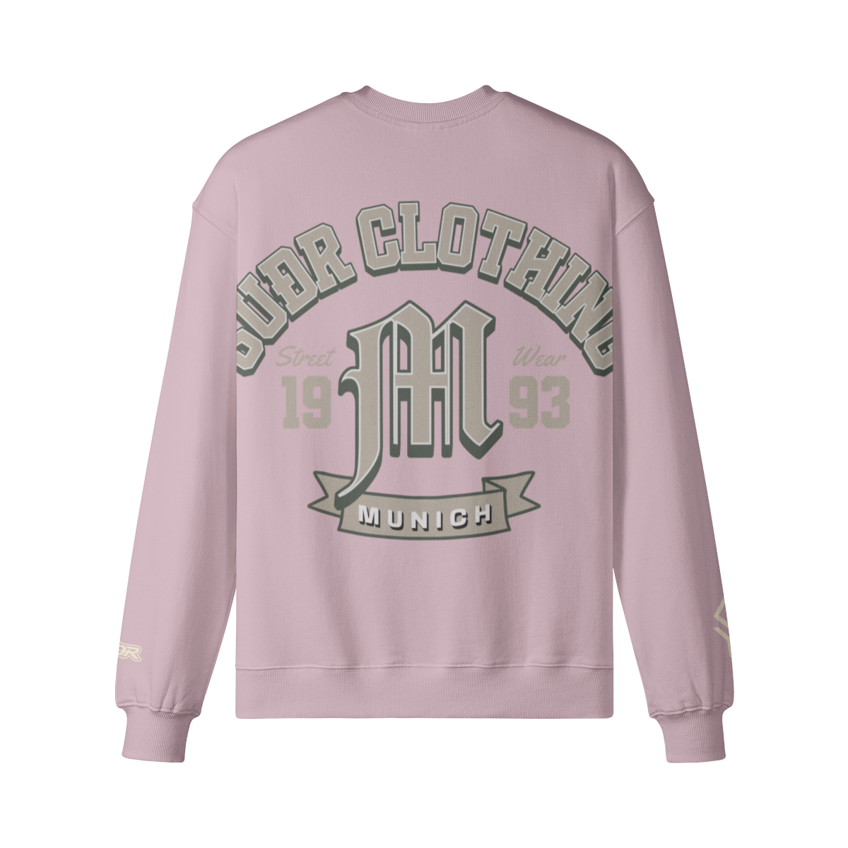 SUÐR M Sweatshirt – Sweatshirt in Lilac, Rückseite mit SUÐR CLOTHING im Bogen, das M in Blackletter, dazu „Street Wear", „19 93" und das MUNICH-Banner