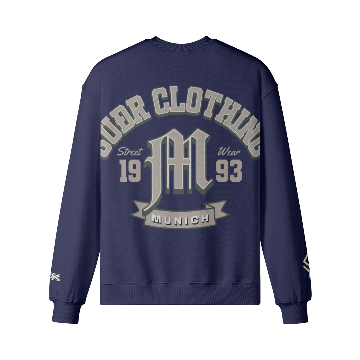 SUÐR M Sweatshirt – Sweatshirt in Navy, Rückseite mit SUÐR CLOTHING im Bogen, das M in Blackletter, dazu „Street Wear", „19 93" und das MUNICH-Banner