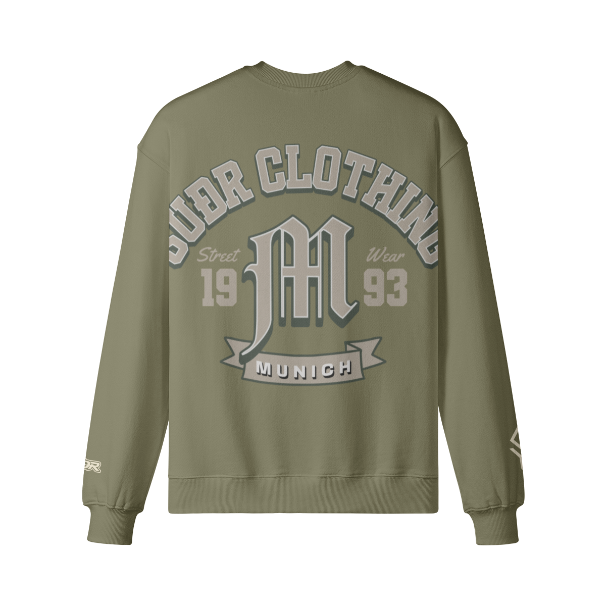 SUÐR M Sweatshirt – Sweatshirt in Sage Green, Rückseite mit SUÐR CLOTHING im Bogen, das M in Blackletter, dazu „Street Wear", „19 93" und das MUNICH-Banner