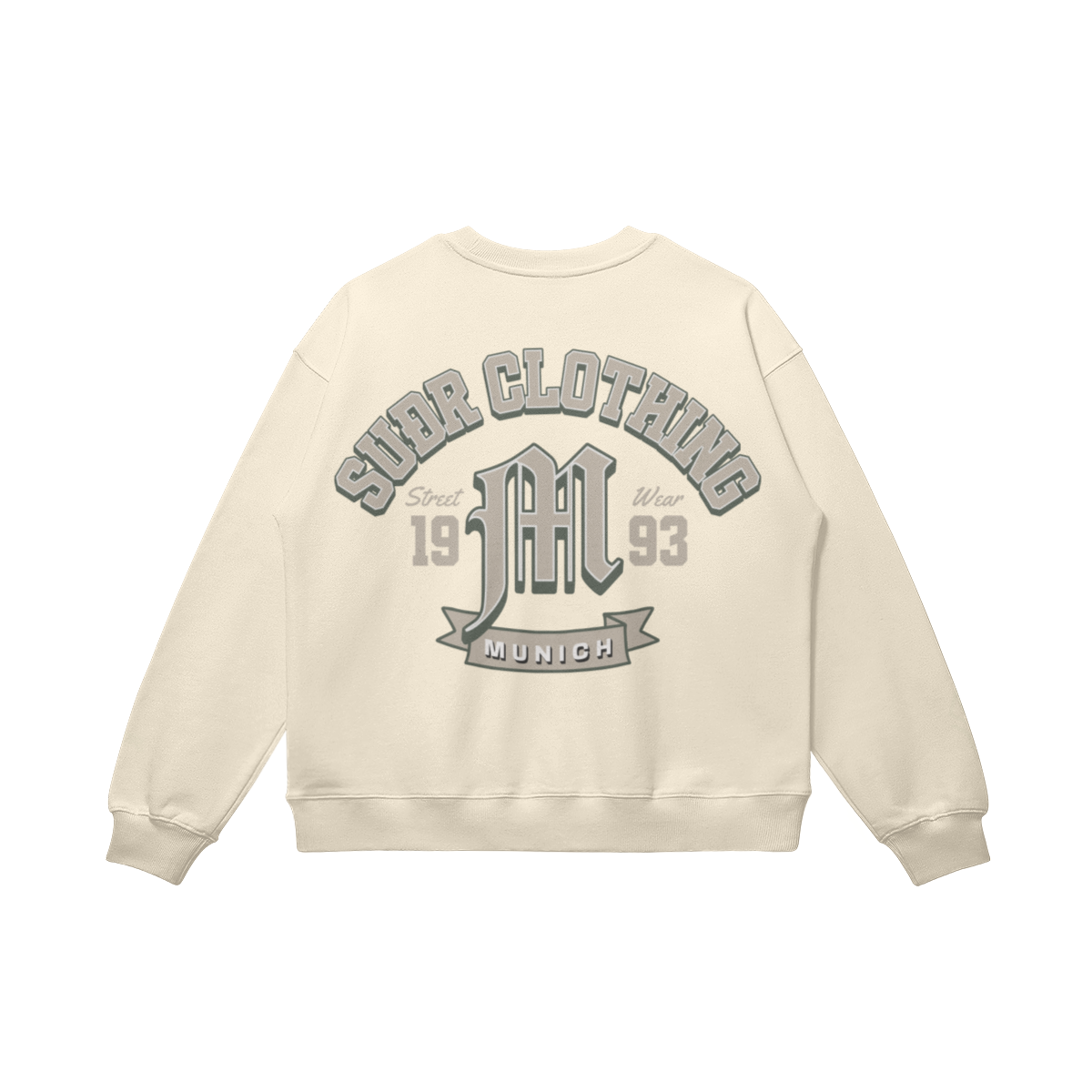SUÐR M Sweatshirt – Sweatshirt in Apricot, Rückseite mit SUÐR CLOTHING im Bogen, das M in Blackletter, dazu „Street Wear", „19 93" und das MUNICH-Banner, liegend